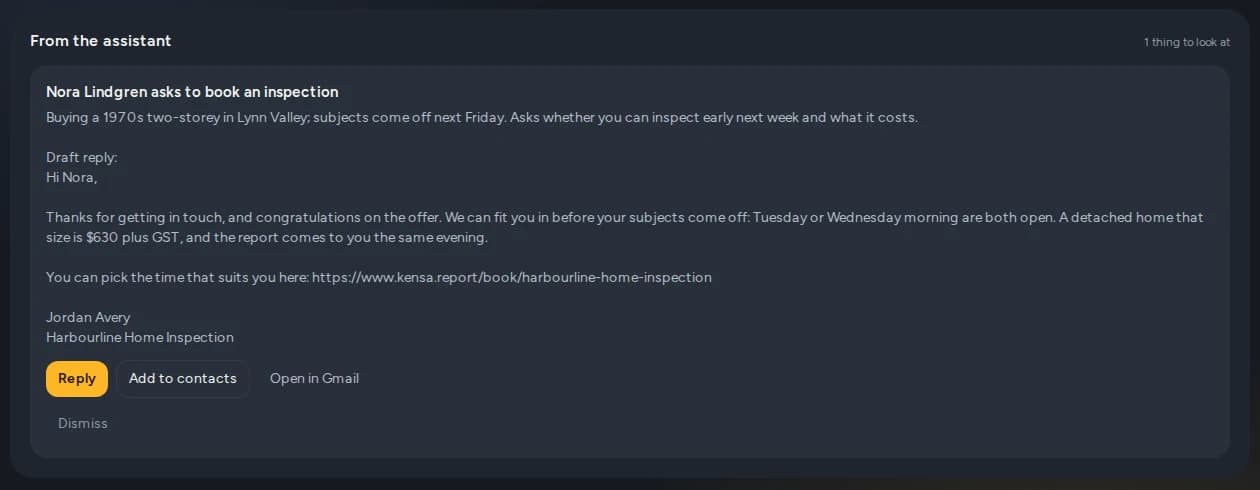 The office dashboard's From the assistant card: a client asking to book, with a drafted reply that includes the booking link, and Reply, Add to contacts and Open in Gmail.