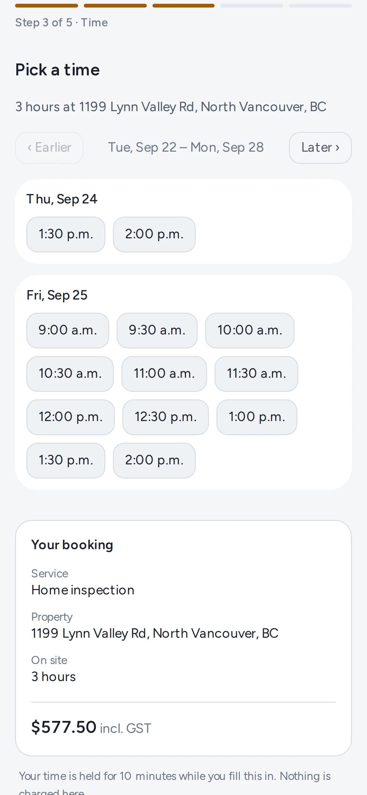 The public booking page on a phone: step 3 of 5, picking a time from the open slots, with the booking summary. Demo data.