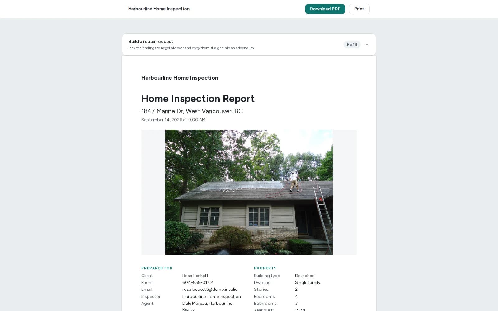 The published client report in a browser: cover photo, Prepared for and Property. Demo data.