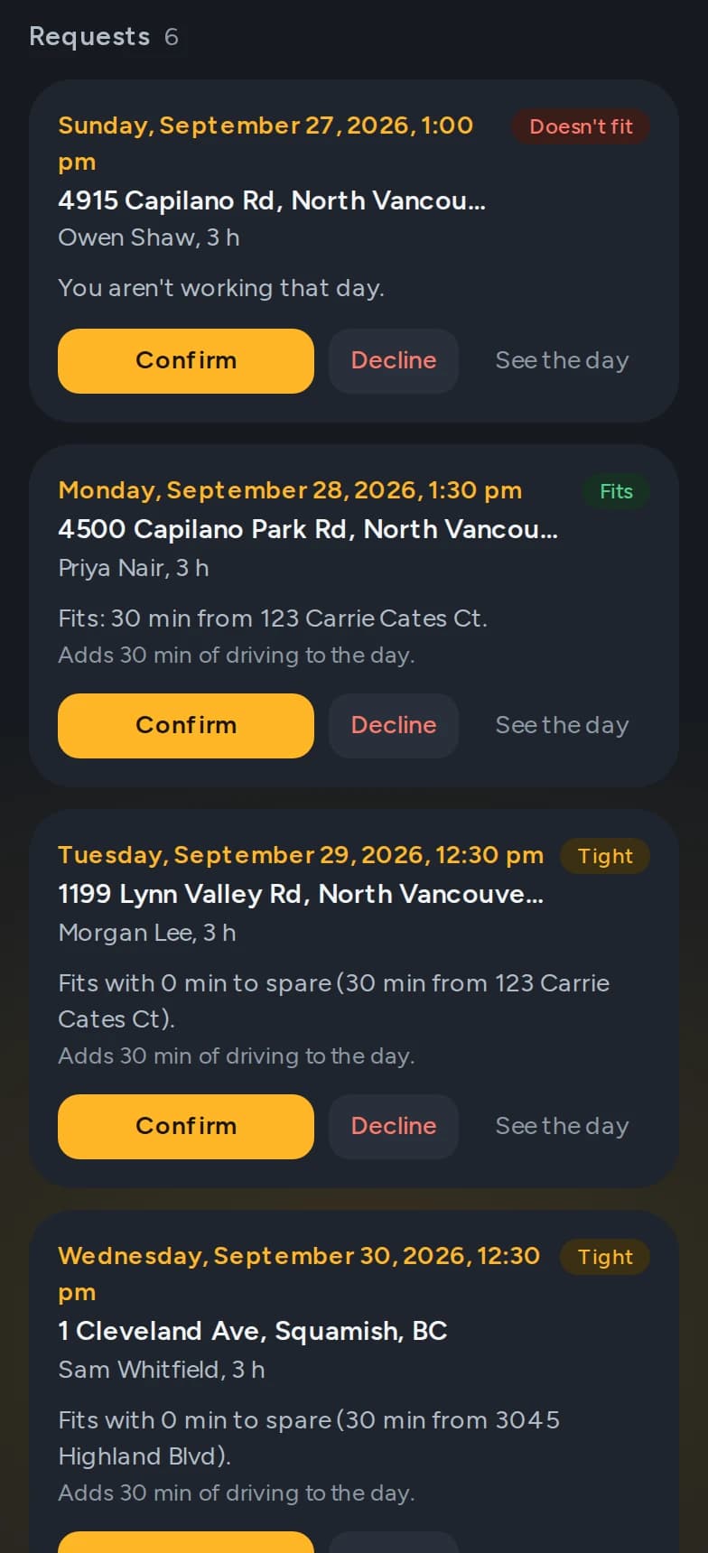 The office's request queue: one request that doesn't fit, one that fits with 30 minutes to spare, two that are tight. Demo data.