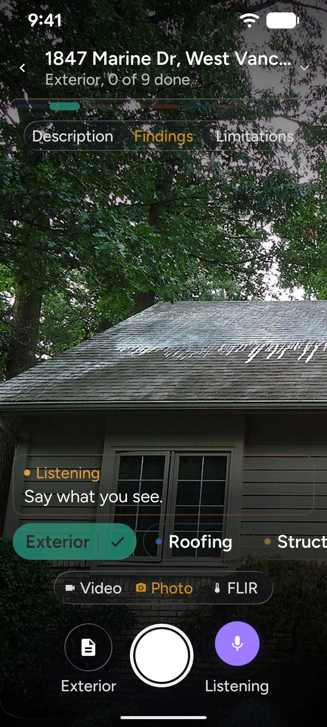 The Kensa camera screen while dictating: a Listening banner reading 'Say what you see', and the mic key lit.