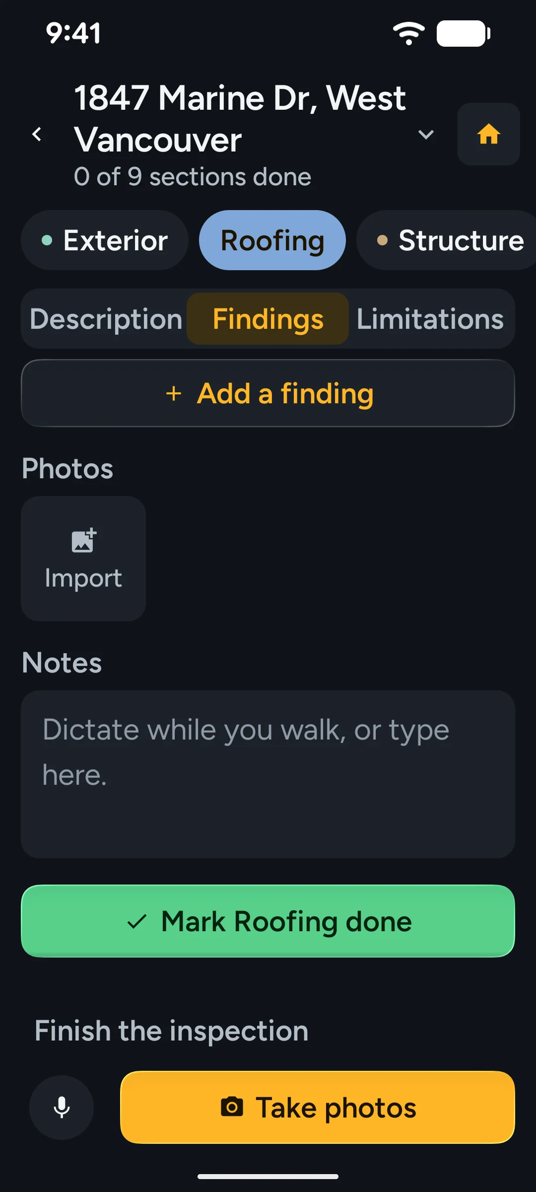 Kensa app: sections as tabs.